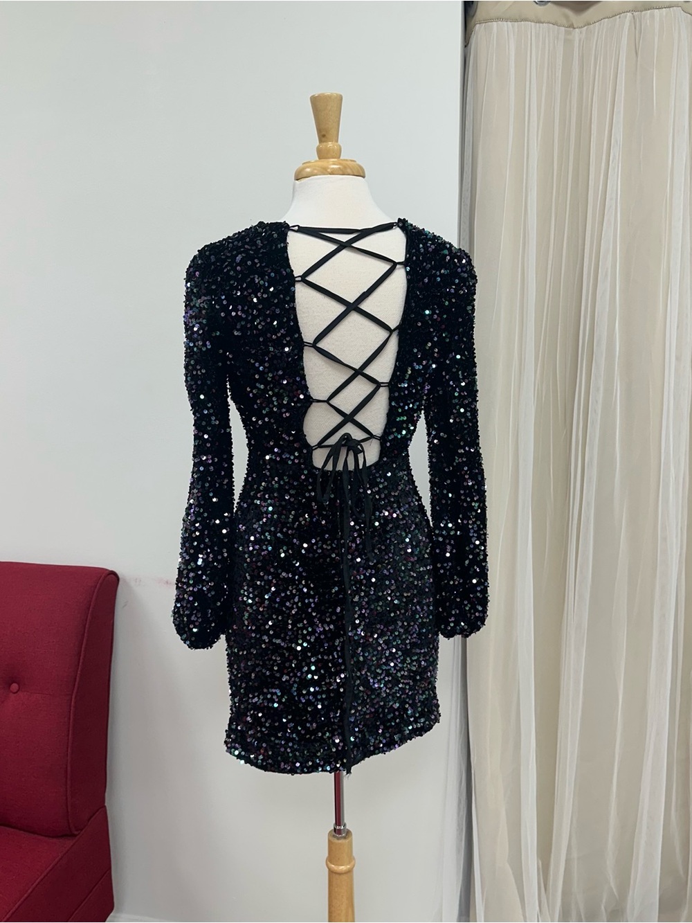 Medium Long Sleeve Black Sequin Lace-Up Back Mini New Years Dress